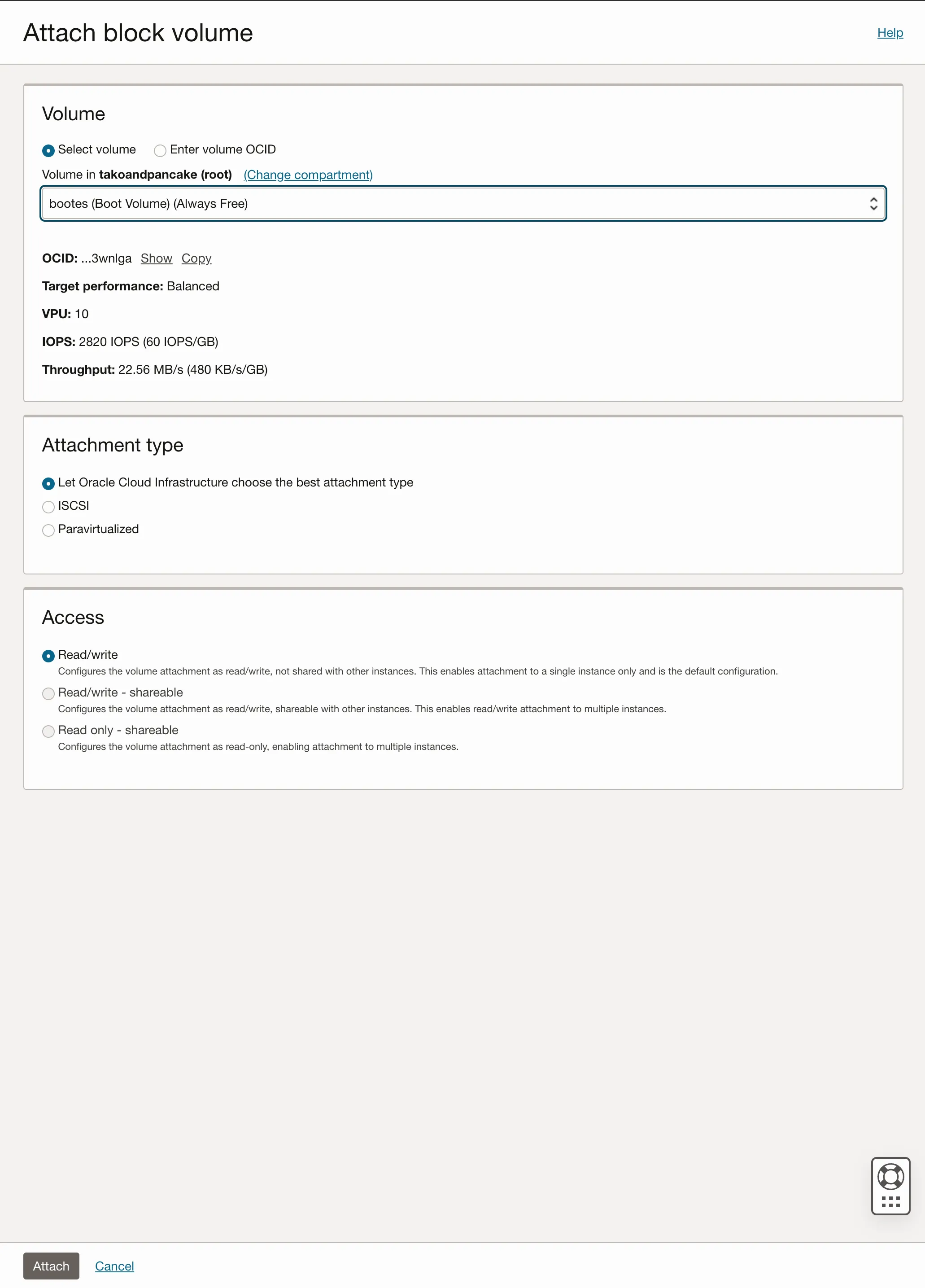 Attach block volume modal with broken VM's boot volume selected, Attachment type set to "Let Oracle Cloud Infrastructure choose the best attachment type" and Access set to "Read/write"