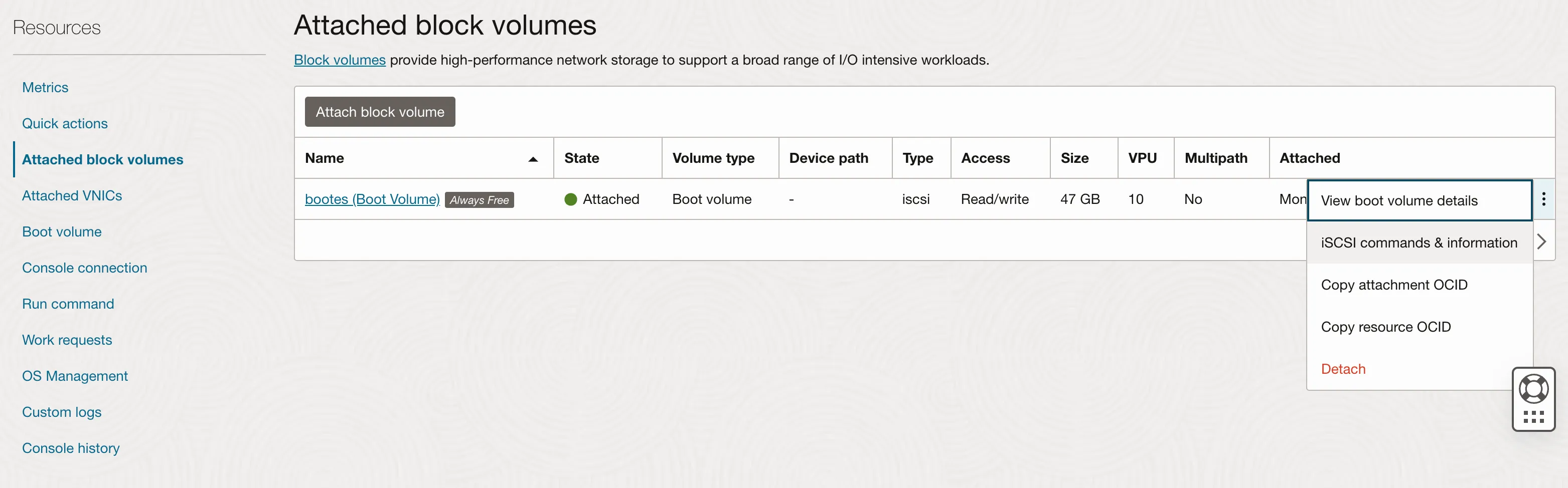 Left: console side menu, with Attached block volumes selected; Right: Attached block volume details, with one block volume listed