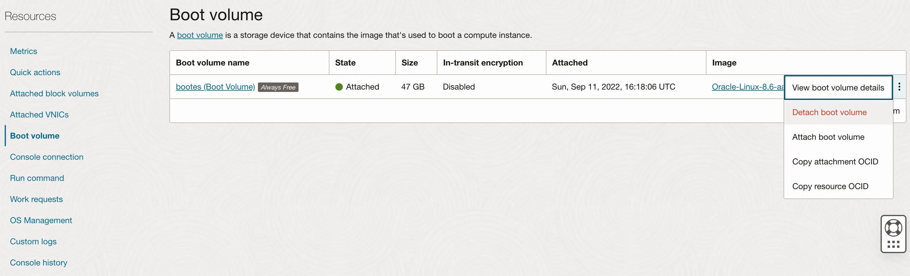 Left: console side menu, with Boot volume selected; Right: Boot volume details, with one boot volume listed with context menu visible and "Detach boot volume" selected