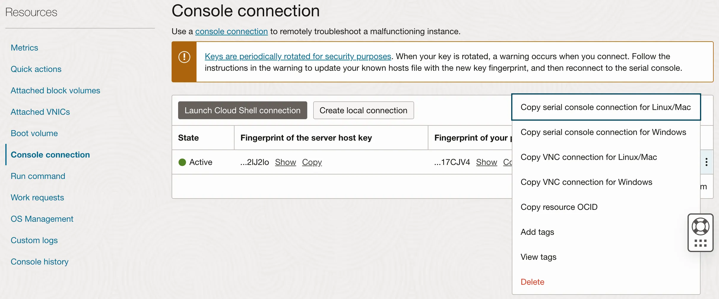 Left: console side menu, with console connection selected; Right: Console connection details, with one connection active and context menu visible with Copy serial console connection for Linux/Mac highlighted