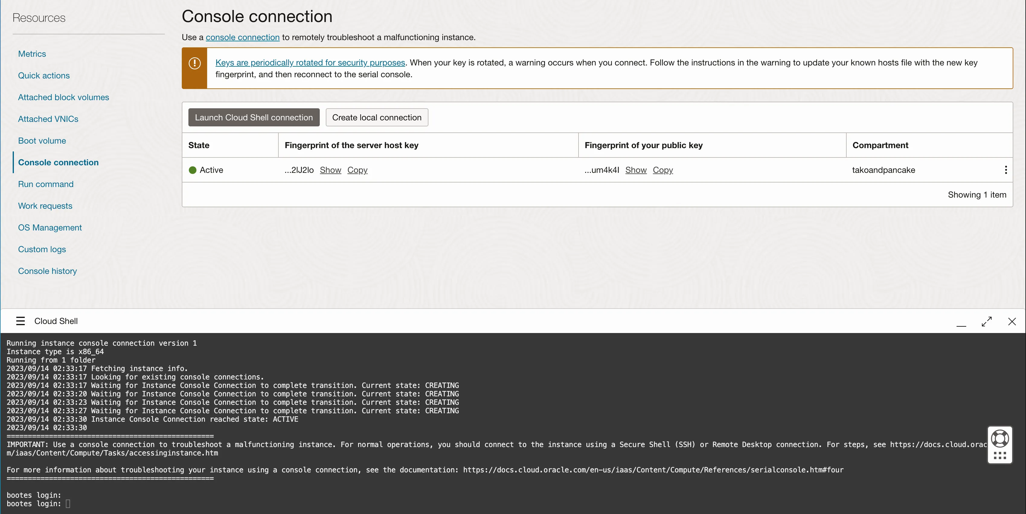 Left: console side menu, with console connection selected; Right: Console connection details, with one connection active; Bottom: Cloud Shell window visible with "bootes login:" shown as the final prompt in the window