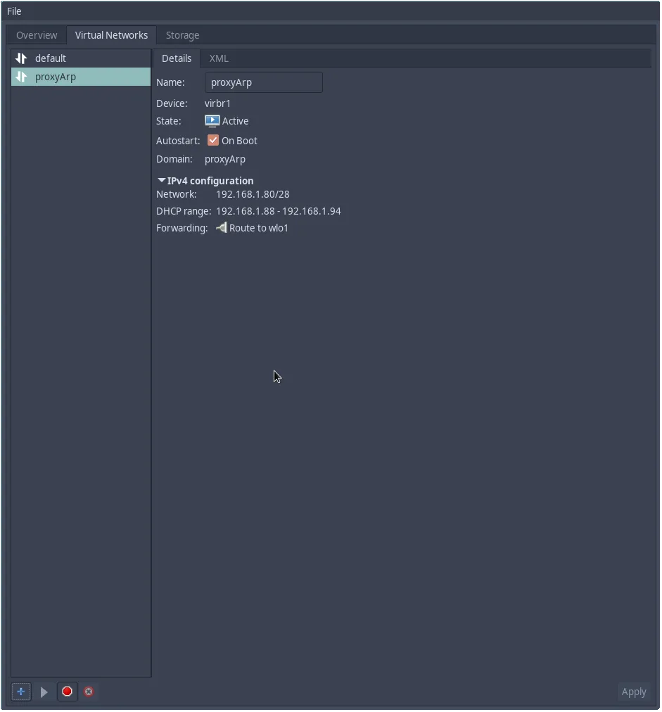 proxyArp virtual network created with interface virbr1